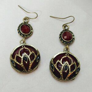 Deep Red Gold Dangle Earrings Vintage Floral Design Art Nouveau Victorian Style